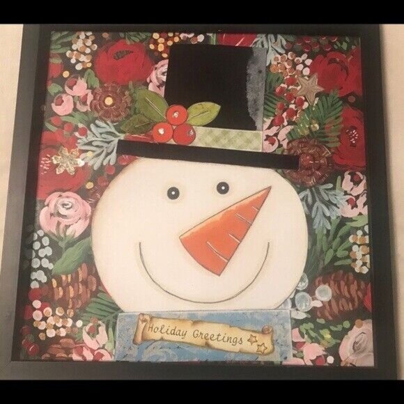 Smiling Snowman Christmas Framed Handmade Collage Wall Art Holiday Decor - Picture 1 of 5